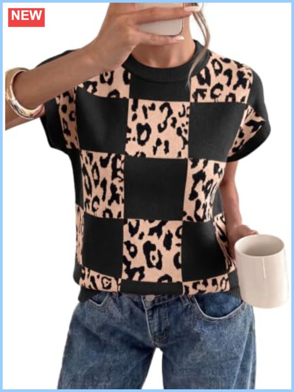 EVALESS Womens Short Sleeve Leopard Print Sweater Vest Fall Casual Top